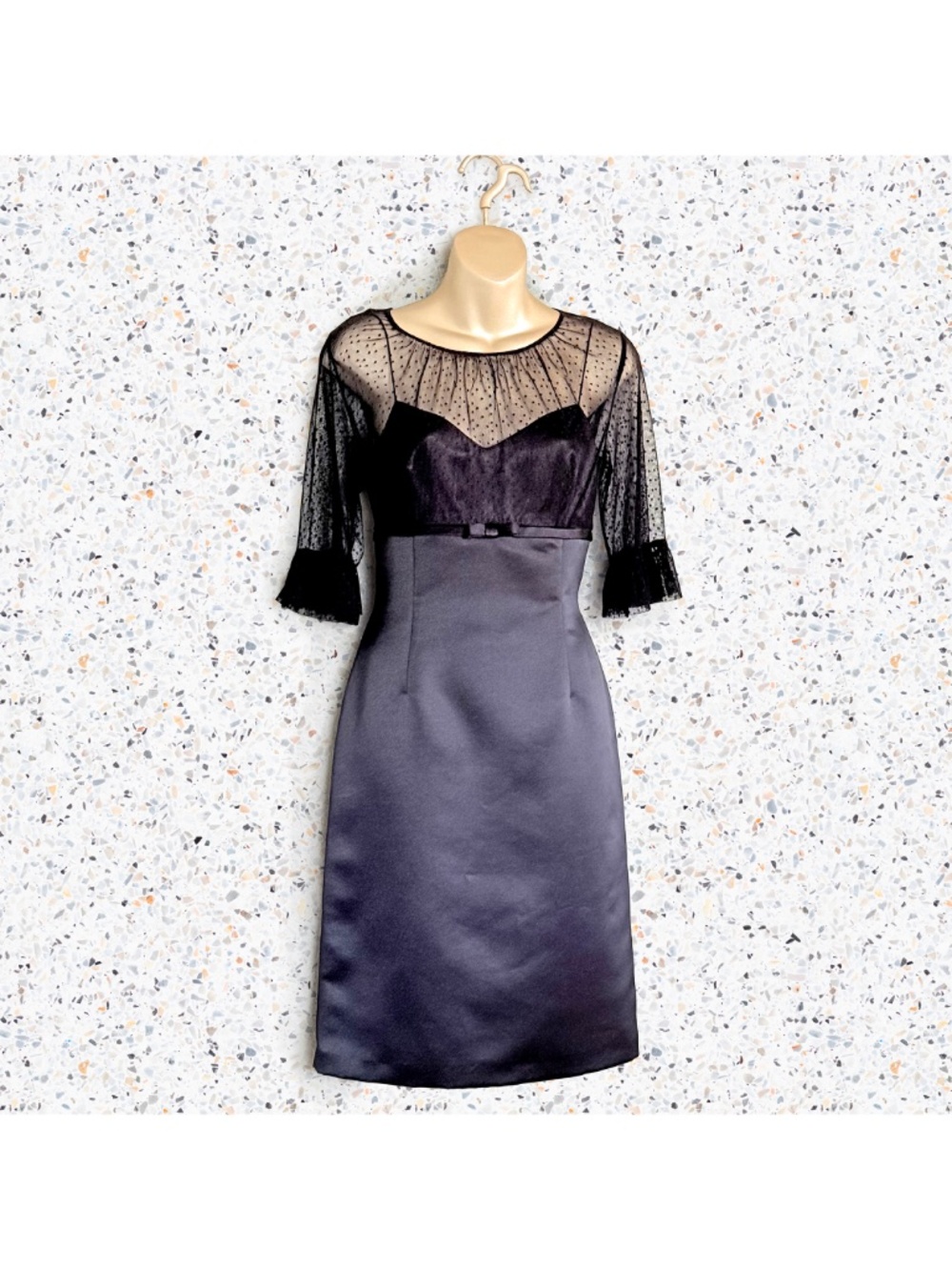 Tahari Retro Whimsigoth Dark Coquette Polka Dot Mesh Wiggle Cocktail Dress Sz 6